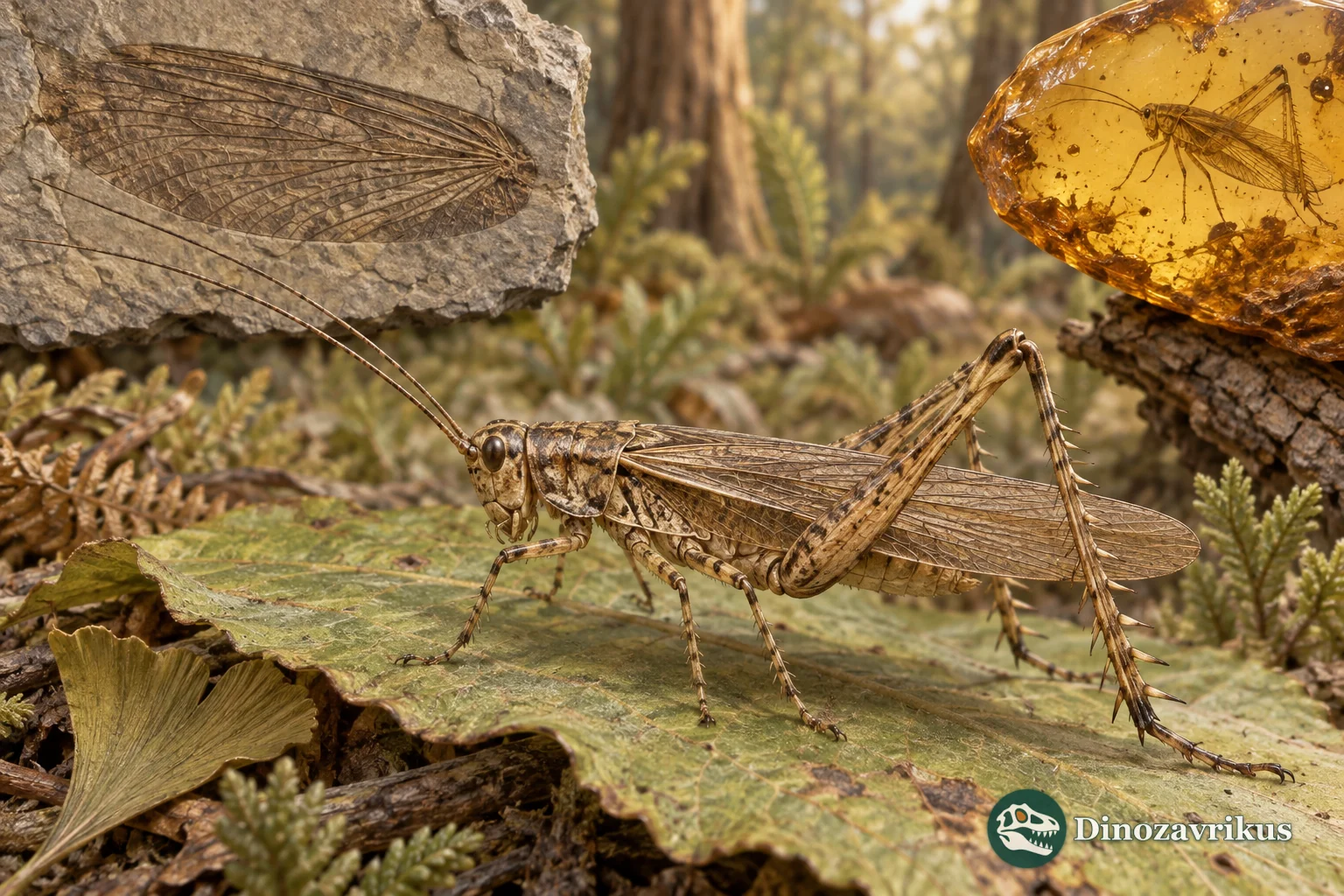 Scientific reconstruction of a spurred-legged Panorpidium on Early Cretaceous leaf litter, with wing and amber fossil details