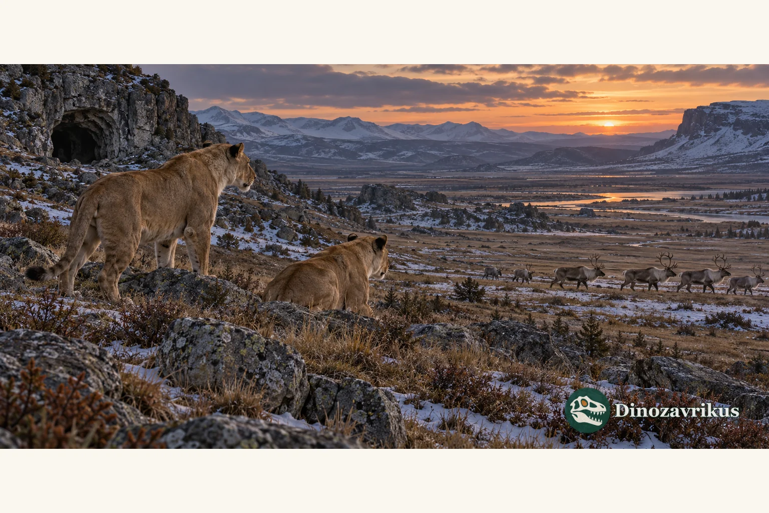 Reconstructed cave lions watching reindeer across an Ice Age valley