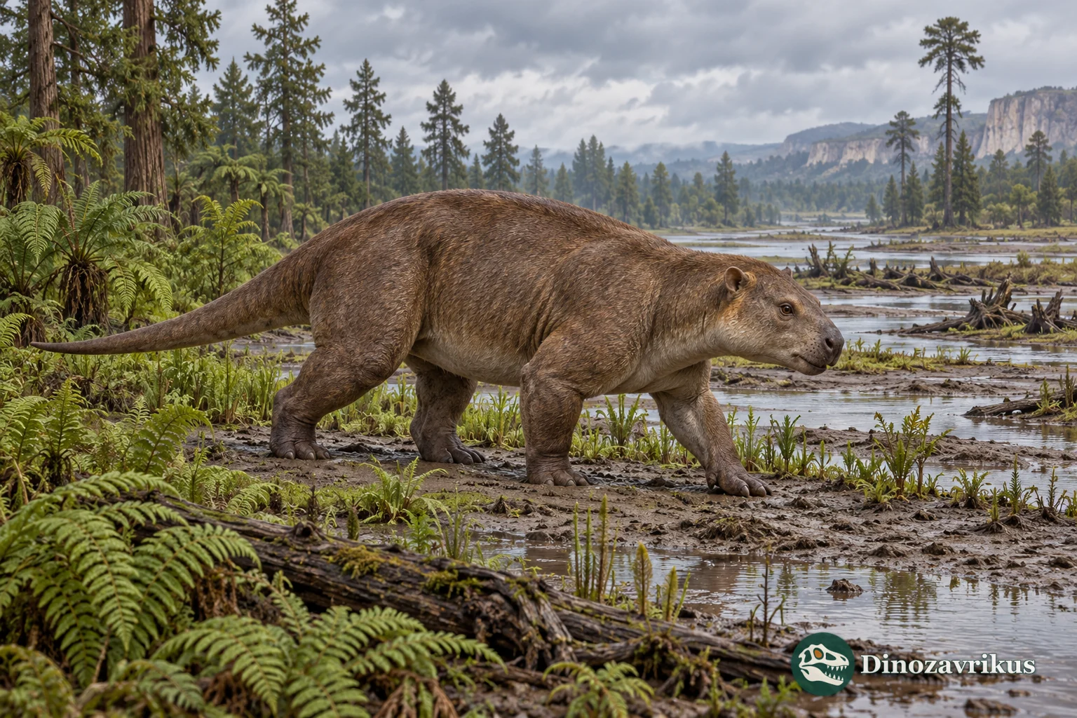 Artistic reconstruction of Pantolambda in a Paleocene North American floodplain setting