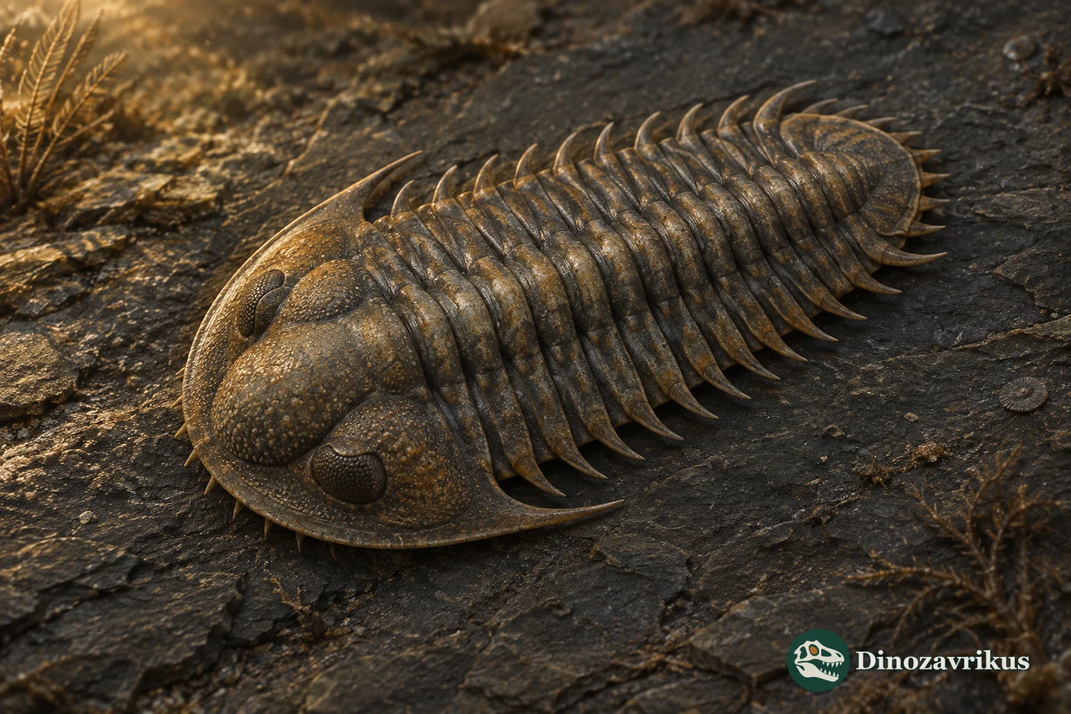 Dorsal reconstruction of Parabolina spinulosa with a broad head shield, articulated spiny thorax and small tail shield on dark shale