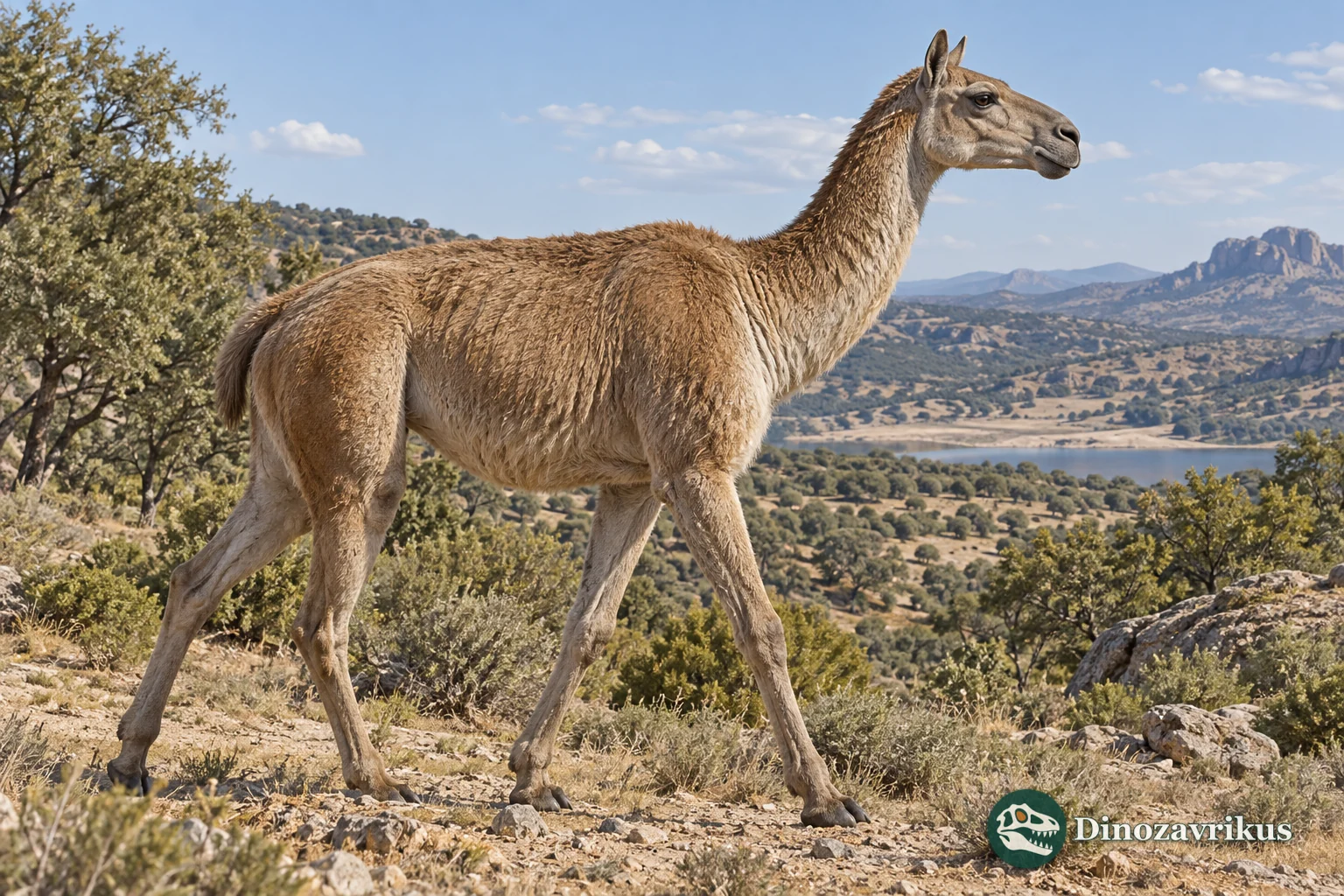Artistic reconstruction of Paracamelus aguirrei in a late Miocene Spanish landscape