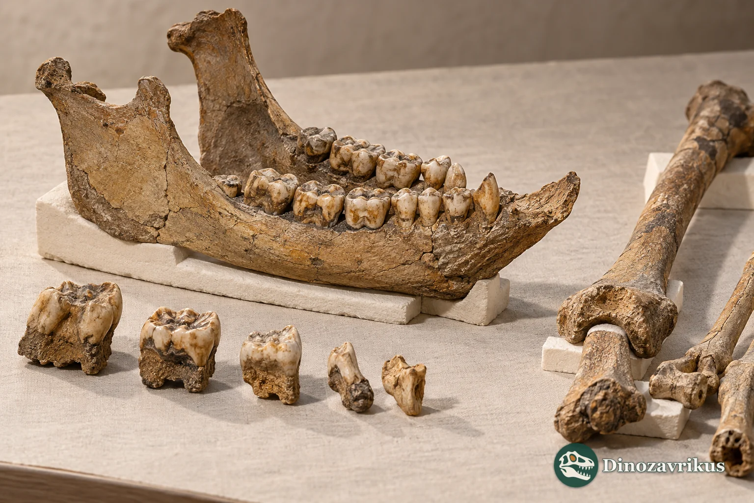 Illustrative Paracolobus jaw, teeth and limb bones