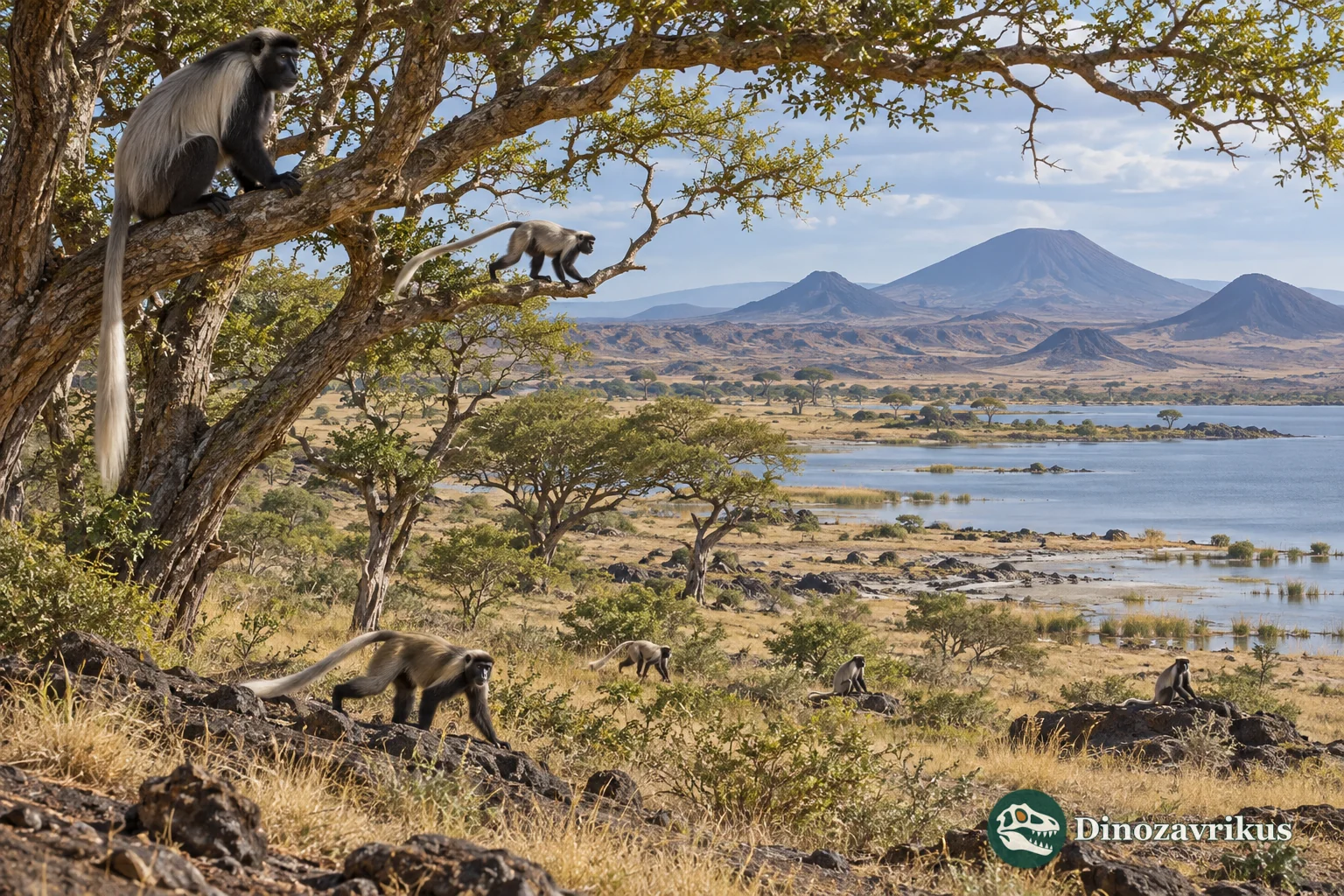Interpretive East African landscape with fossil colobines