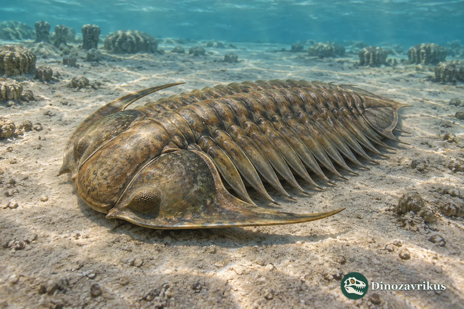 A Paradoxides trilobite crossing the Cambrian seafloor