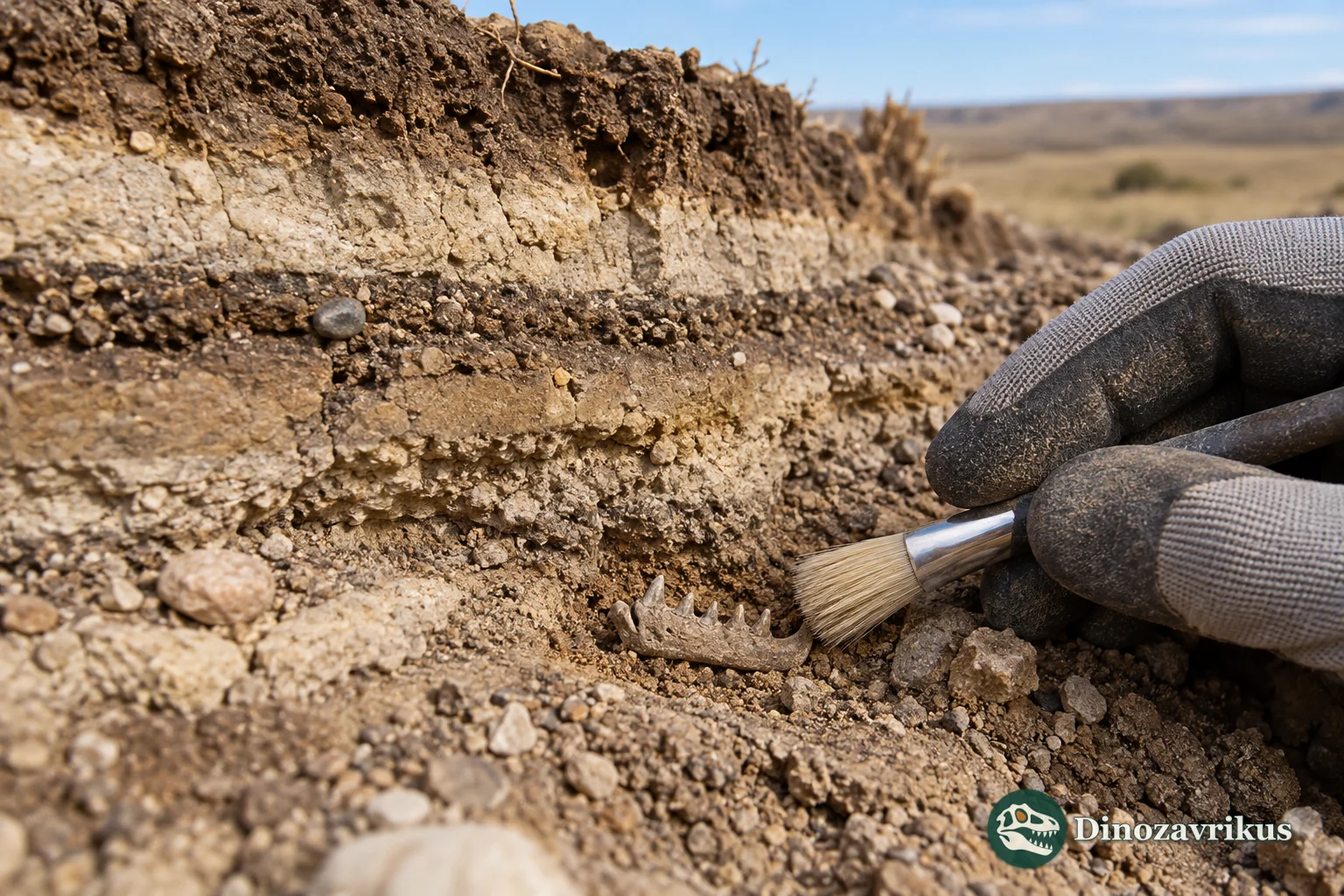 Illustrative recovery of a small fossil jaw from layered sediment