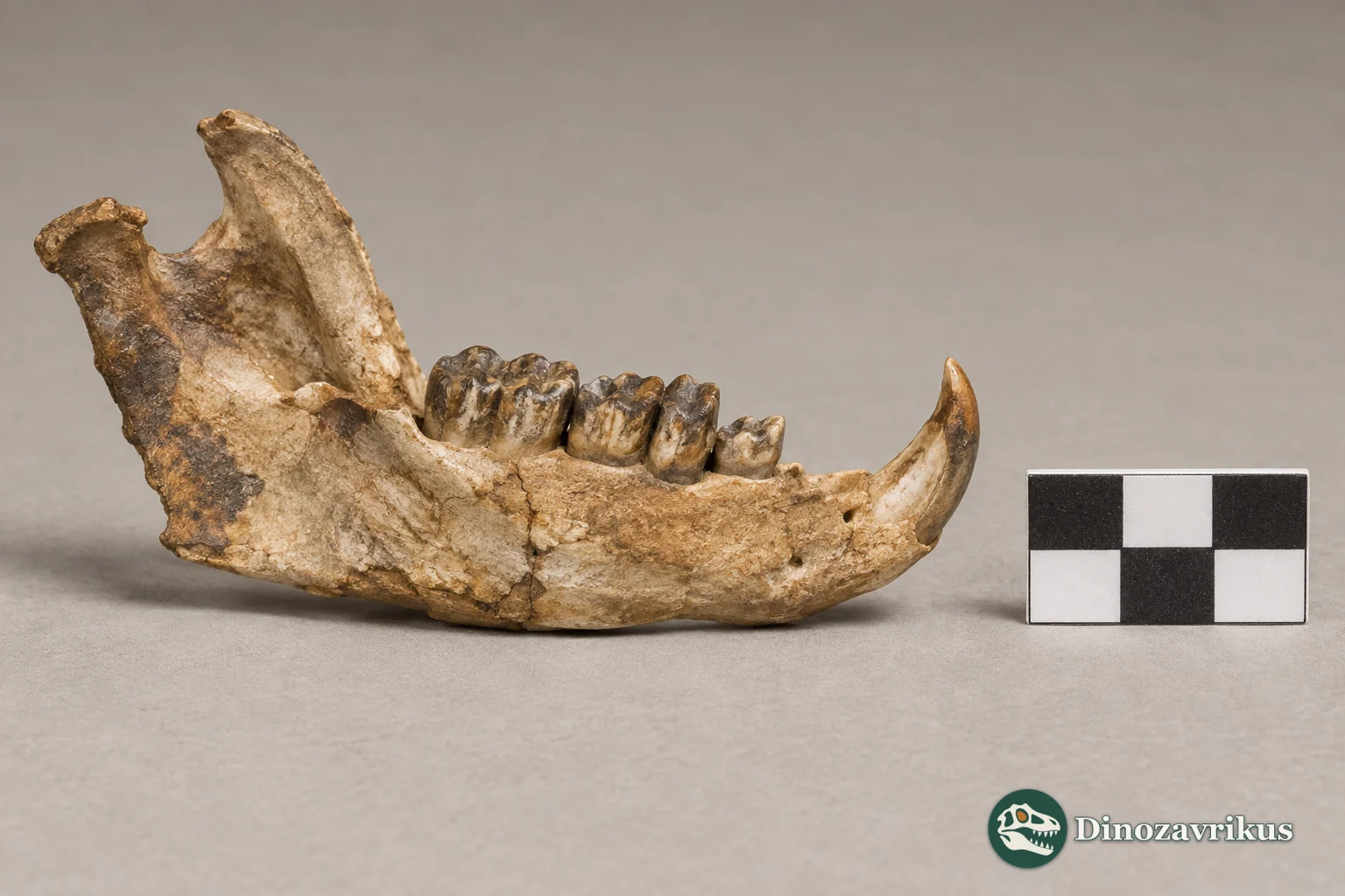 Illustrative fossil pocket gopher jaw on a study table
