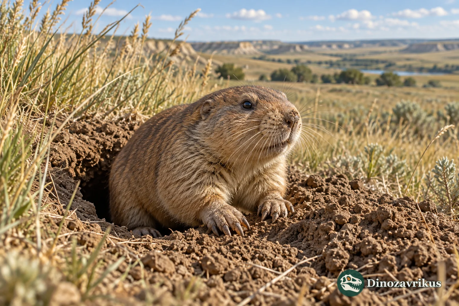 Artistic reconstruction of a small fossil pocket gopher beside a burrow in Pleistocene Kansas