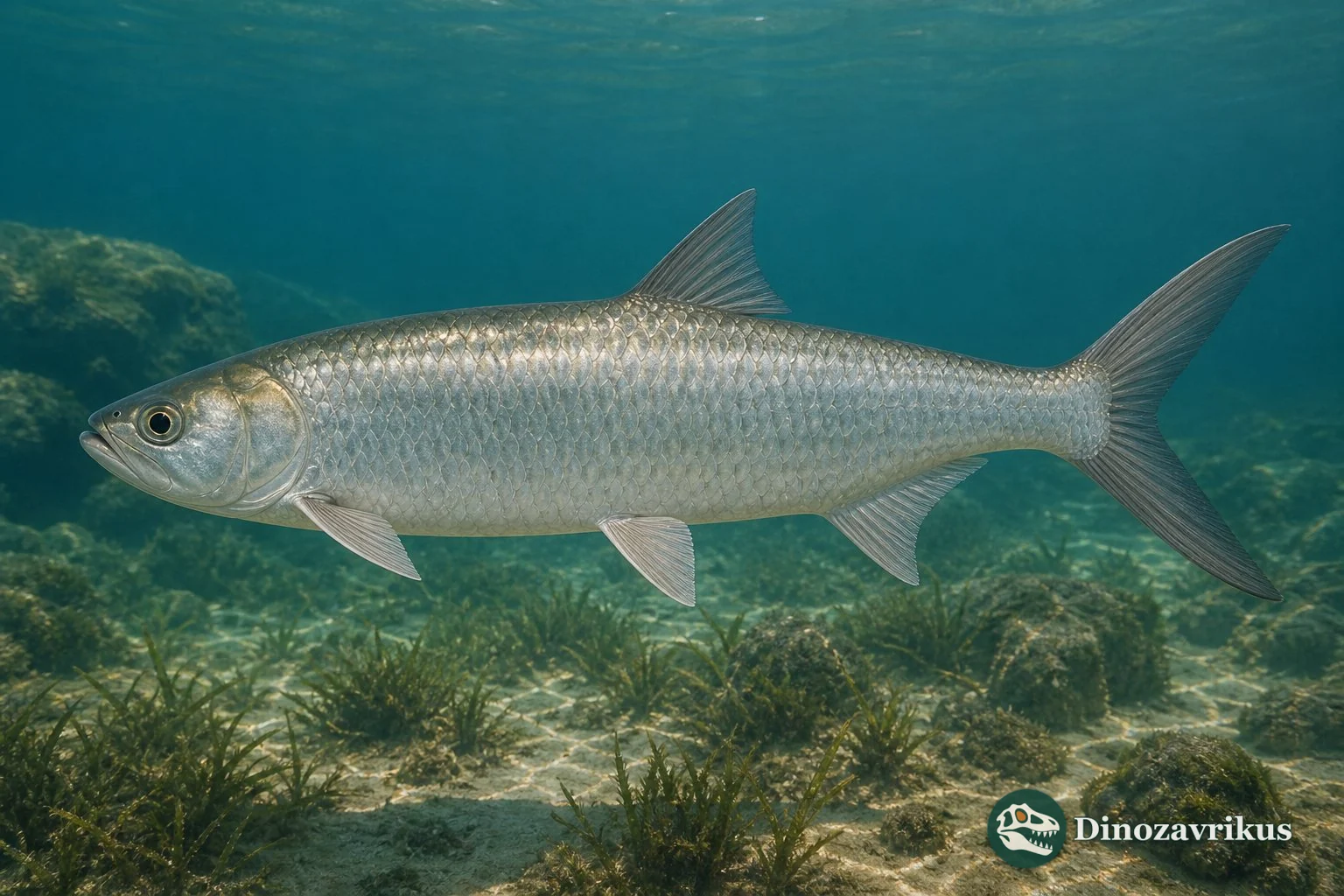 Paralbula reconstructed beside a fossil tooth plate showing the rounded crushing teeth of a phyllodont fish