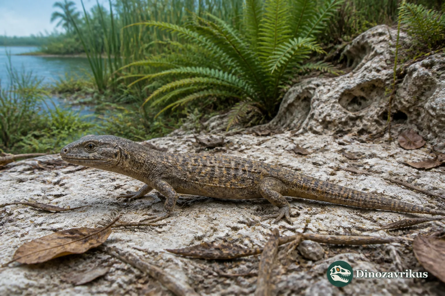 Reconstruction of the small paramacellodid lizard Paramacellodus among low vegetation