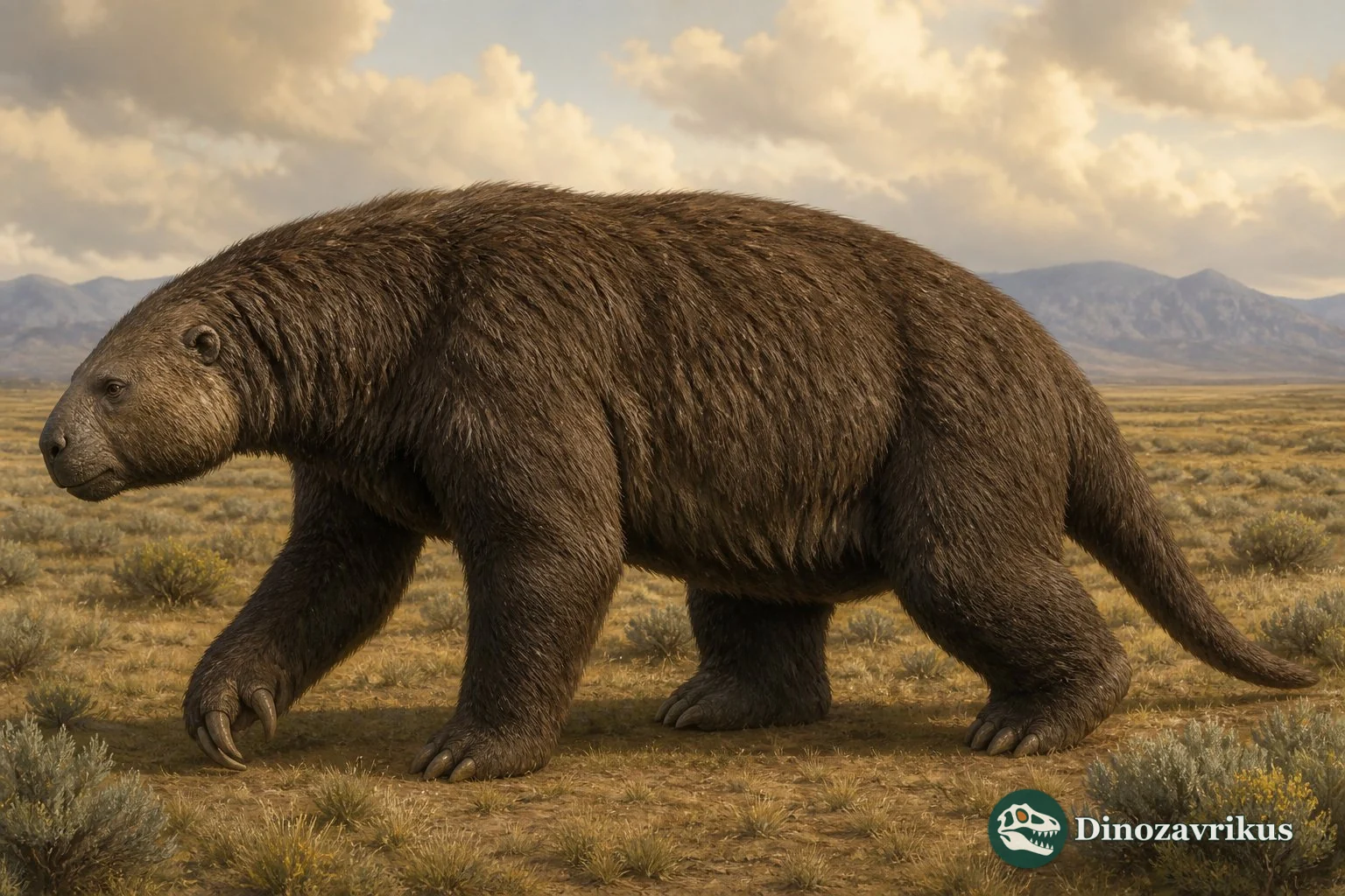 Paramylodon harlani reconstructed in open Pleistocene scrub in North America