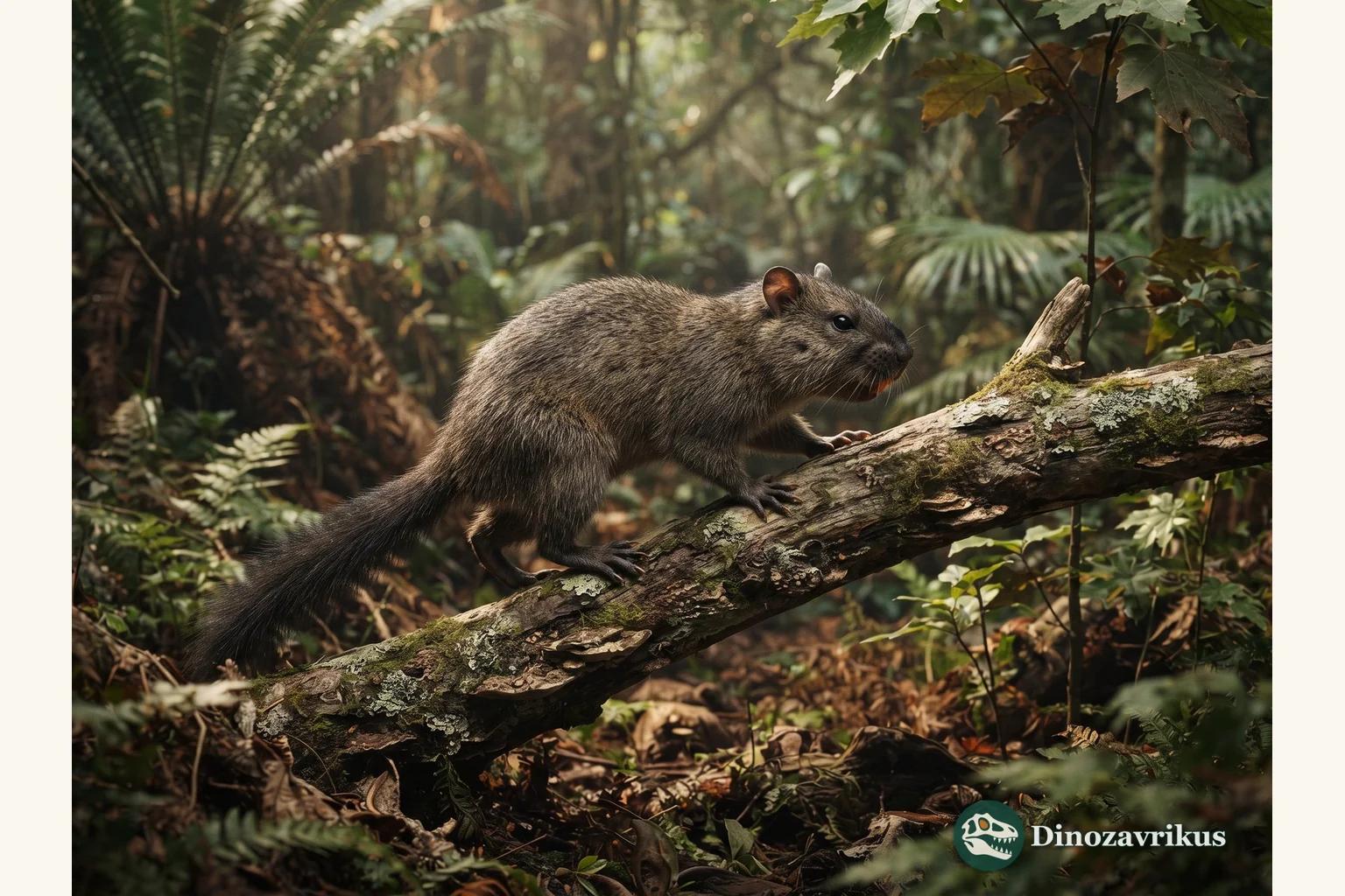 Paramys moving between a low tree branch and the Eocene forest floor