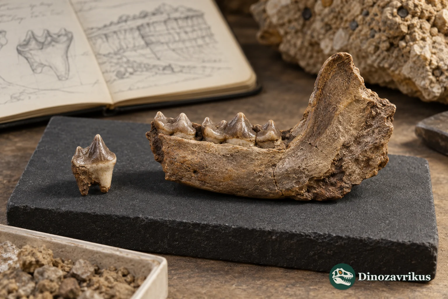 Illustrative laboratory comparison of fossil mammal teeth and a jaw fragment