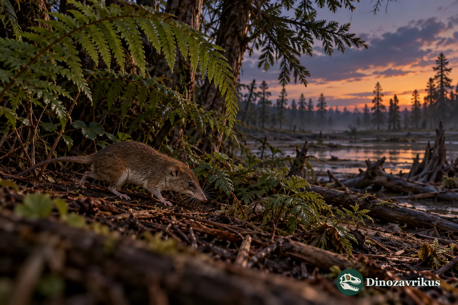 Speculative artistic reconstruction of a small mammal moving through Late Cretaceous forest litter