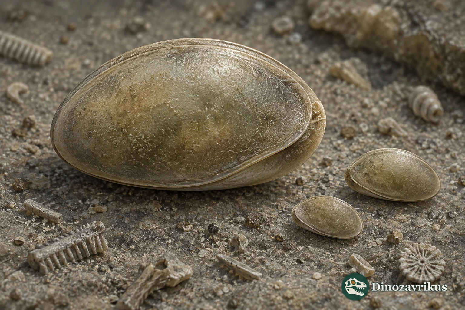 Magnified smooth Paraparchites ostracod valves among Palaeozoic marine microfossils