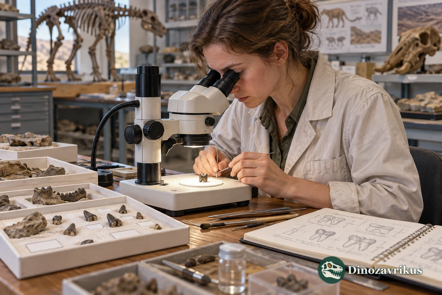 Paleontologist examines small fossil teeth under a binocular microscope