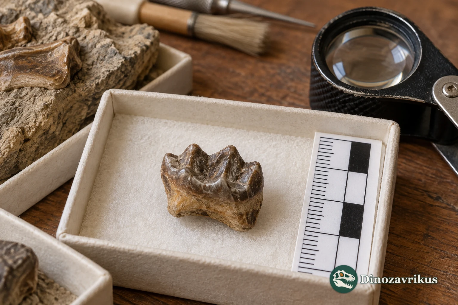 An isolated fossil molar in a collection tray beside a hand lens