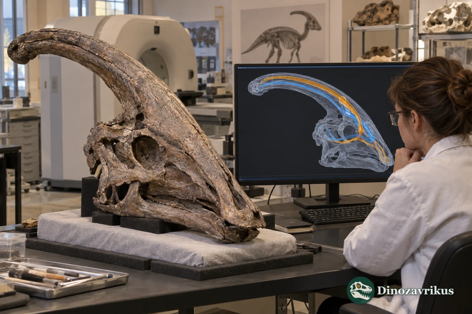 Digital cutaway model of a Parasaurolophus skull and its looping nasal passages