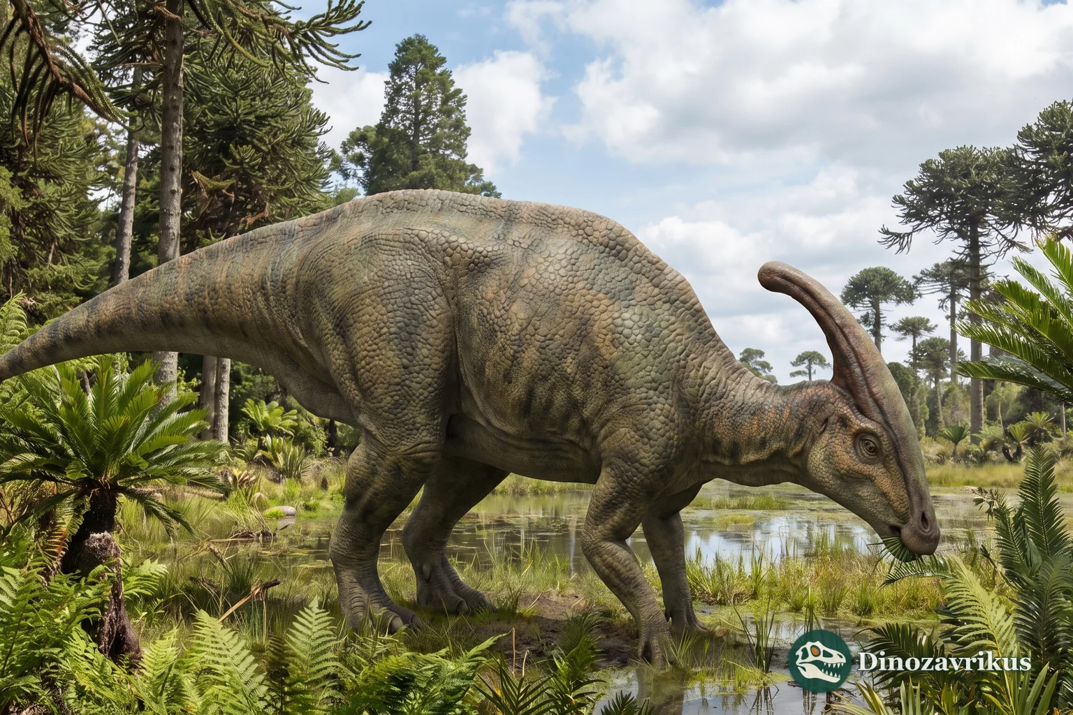 Reconstruction of Parasaurolophus feeding beside a Late Cretaceous wetland