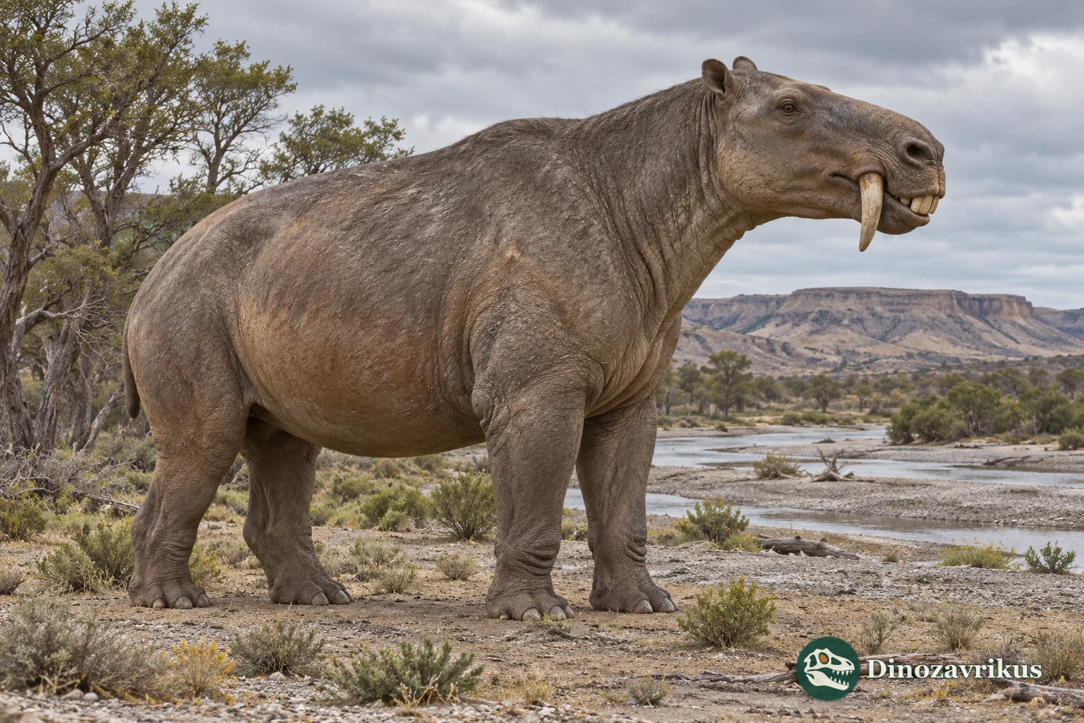 Artistic reconstruction of a large Parastrapotherium on a Patagonian river plain