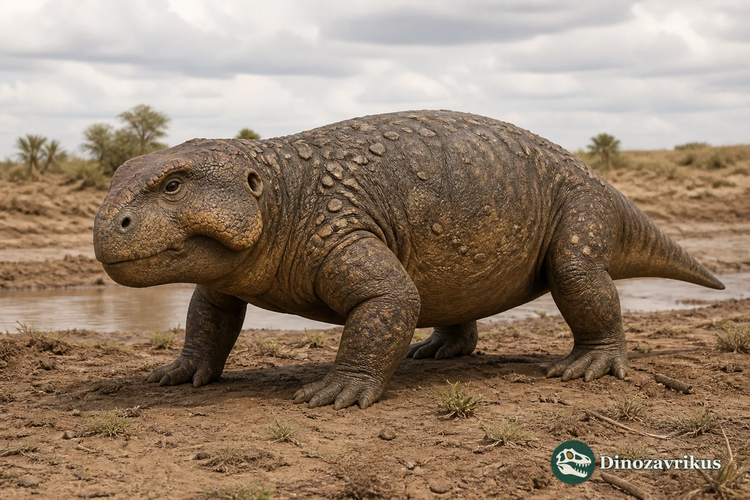 Pareiasaurus walking across a Late Permian floodplain in South Africa