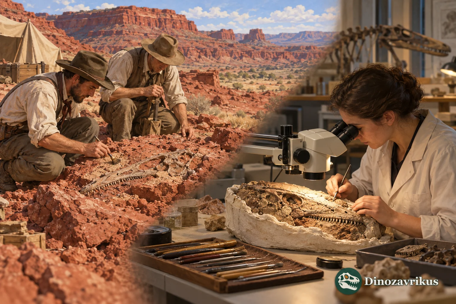 Illustrative field and museum preparation scene for Early Permian Texas fossils