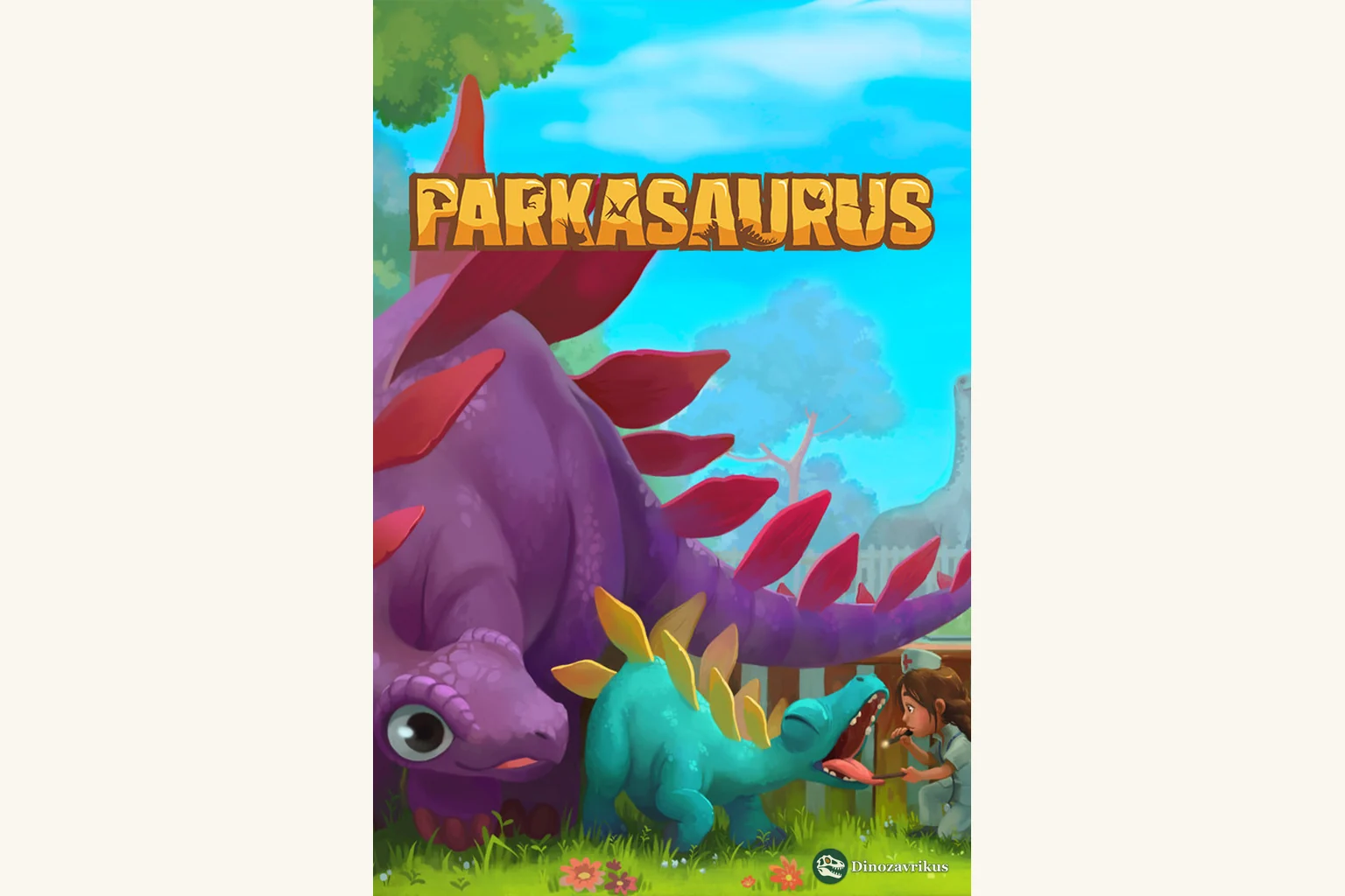 English poster art for Parkasaurus, the dinosaur park management game