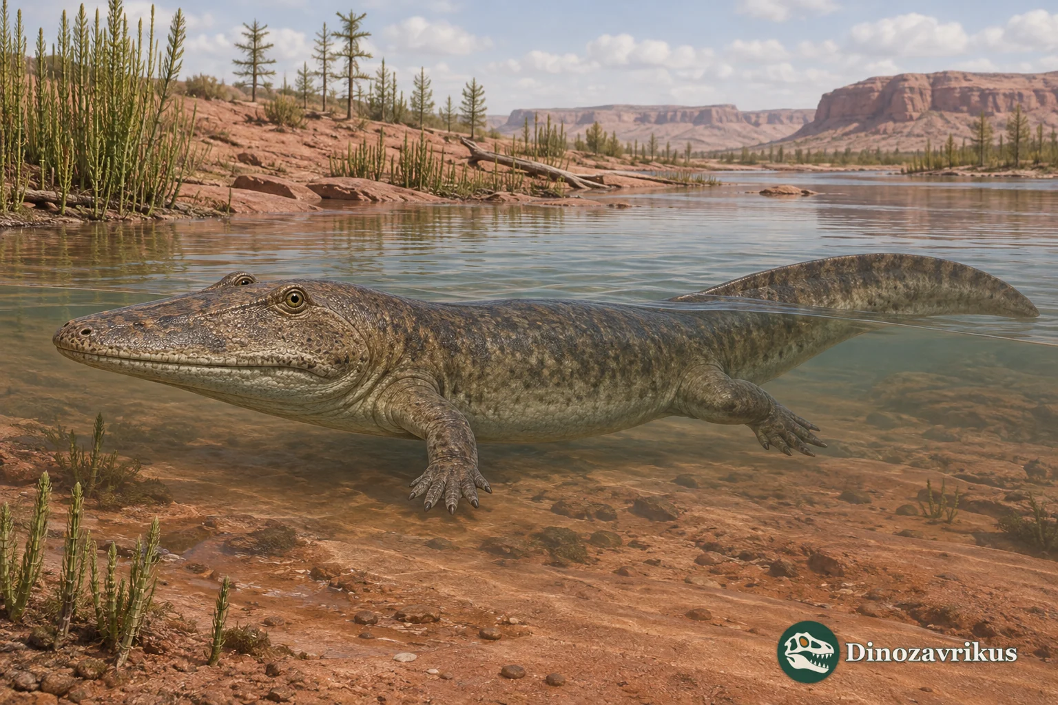 Parotosuchus reconstructed at the edge of an Early Triassic freshwater channel