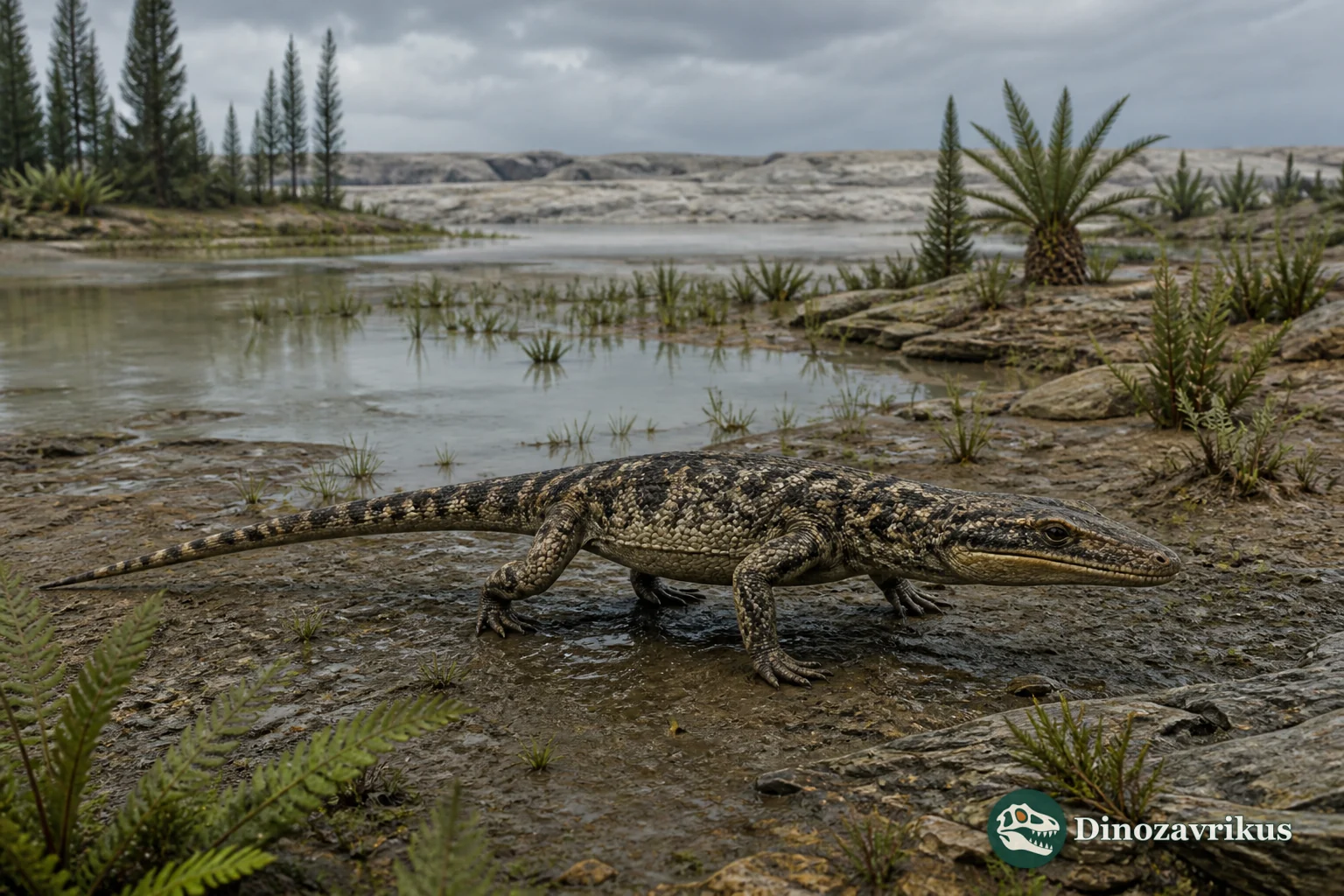 Parviraptor reconstructed on a wet Jurassic shoreline in southern England