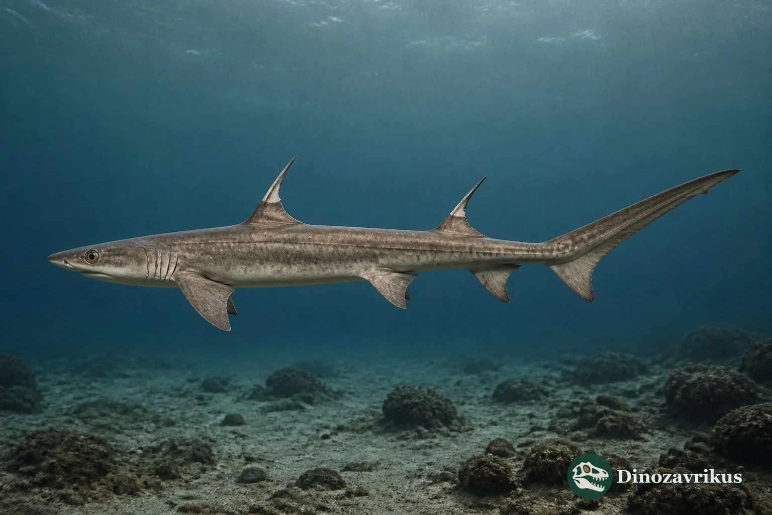 A Parvodus hybodontiform shark reconstructed above a river margin, with its minute multi-cusped tooth enlarged for study