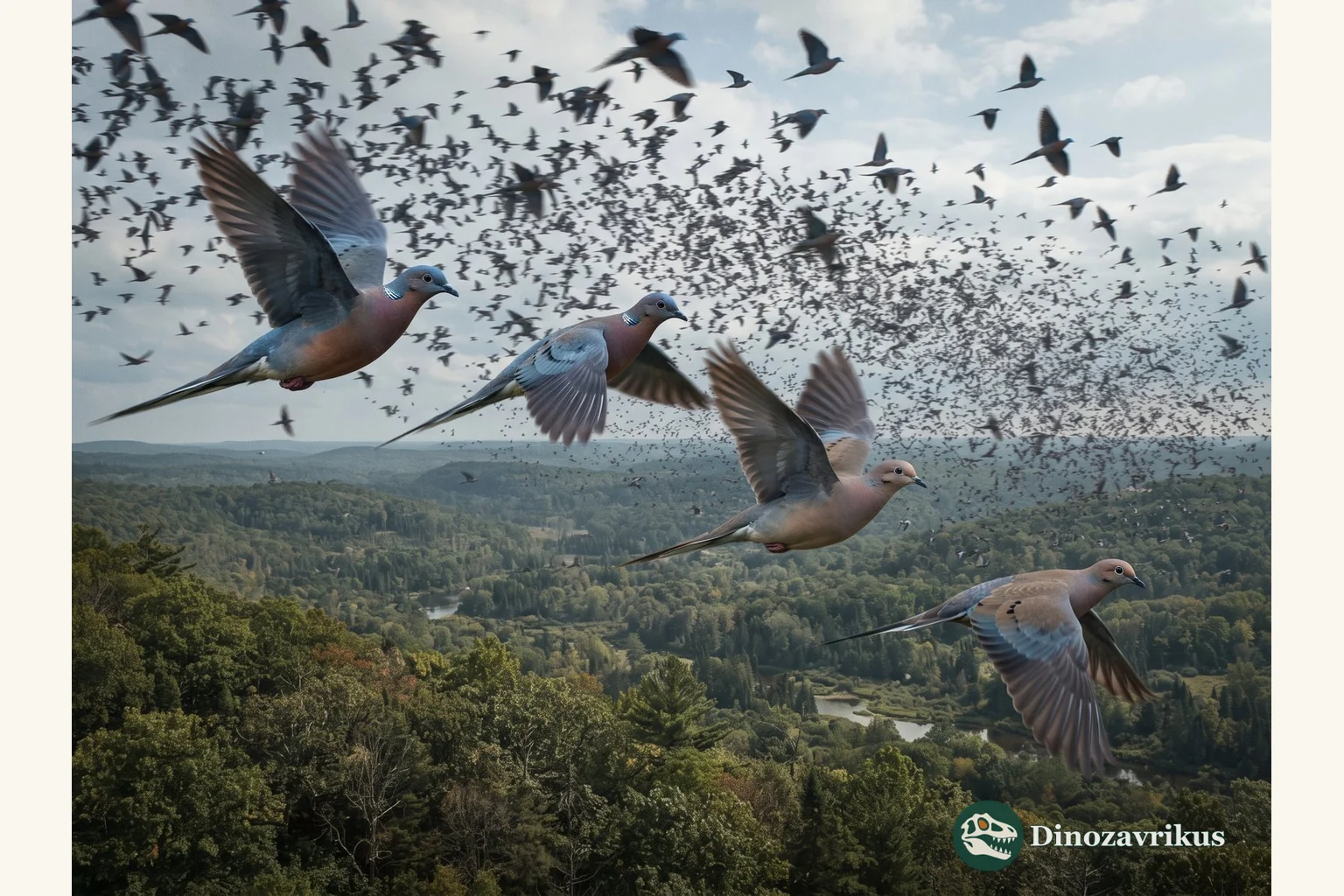 Passenger pigeons flying above an eastern North American forest