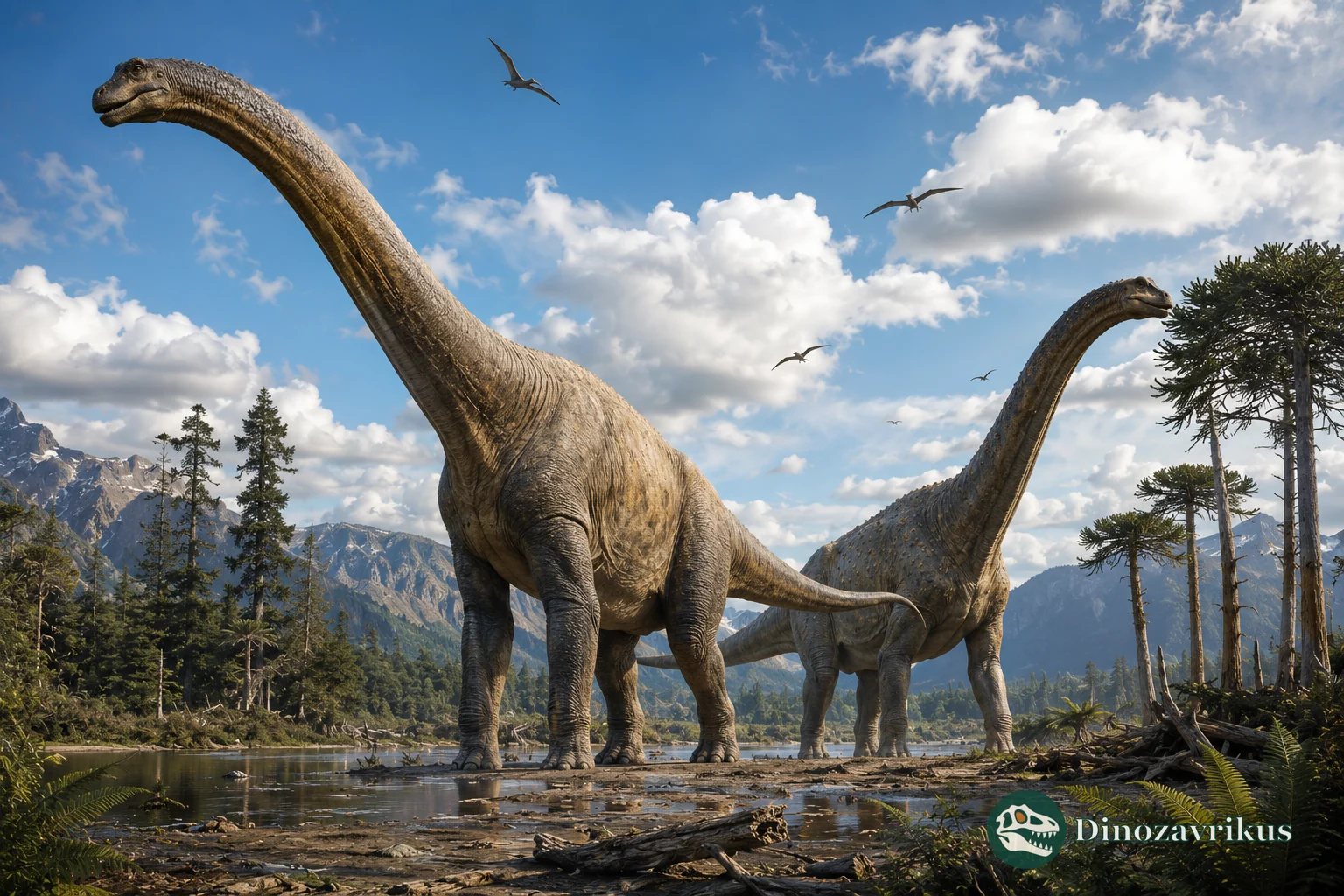 Artistic reconstruction of two giant Patagonian sauropods in a Cretaceous landscape