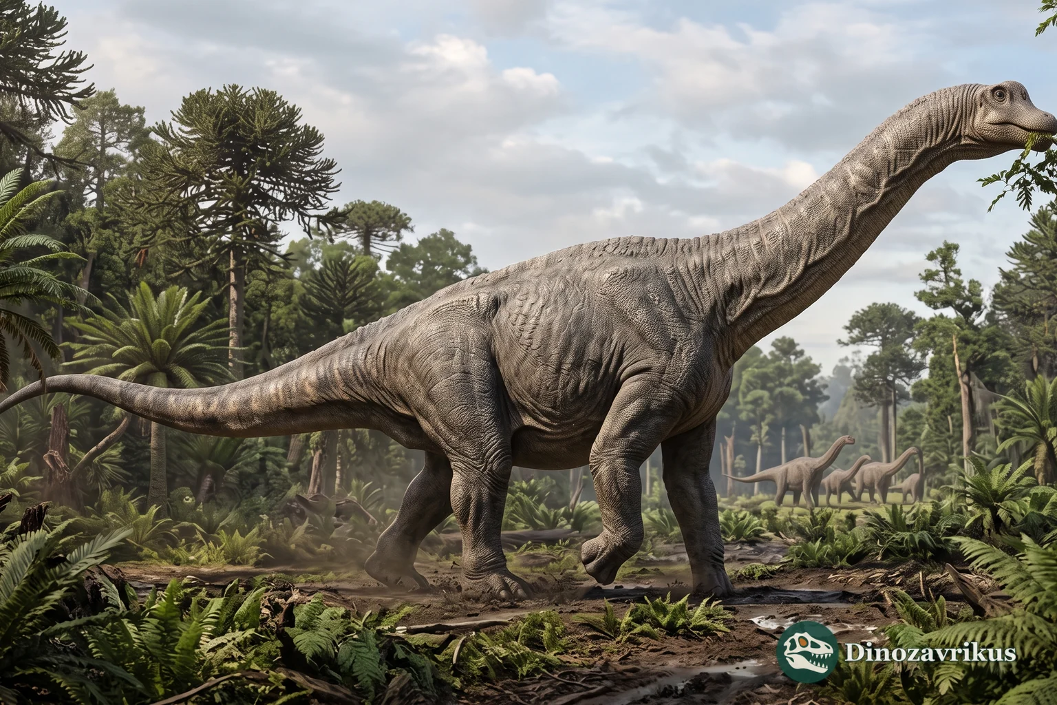 Reconstruction of Patagotitan walking through a Patagonian floodplain