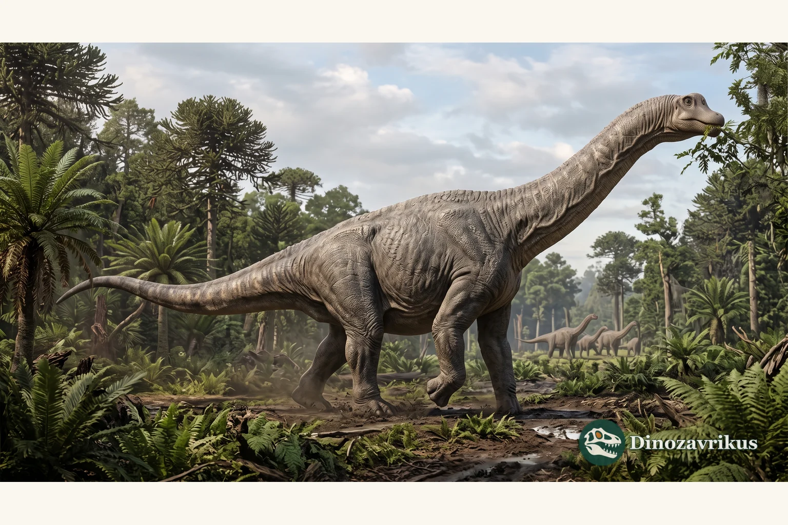 Reconstruction of Patagotitan walking through a Patagonian floodplain