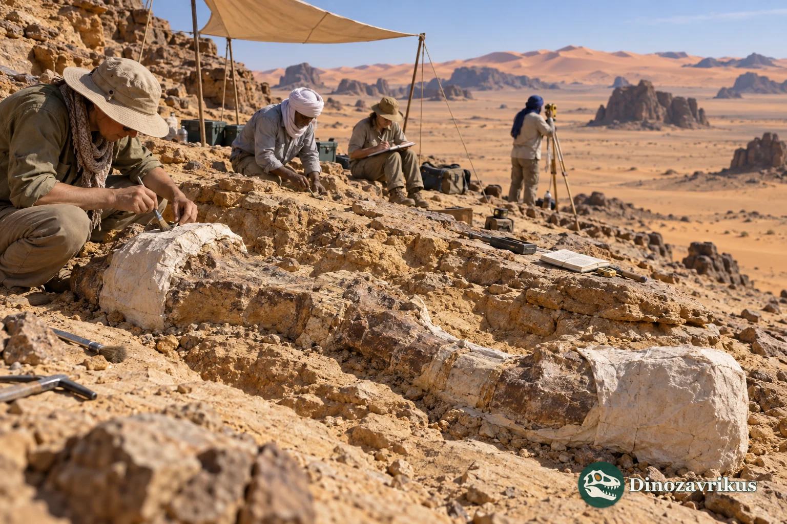 Illustrative field team excavating a dinosaur fossil from Early Cretaceous sandstone in Niger