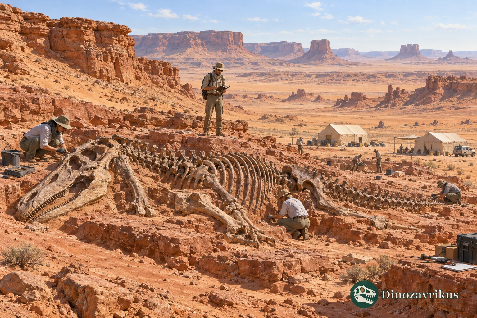 Palaeontologists documenting a dinosaur skeleton at a Saharan fossil site