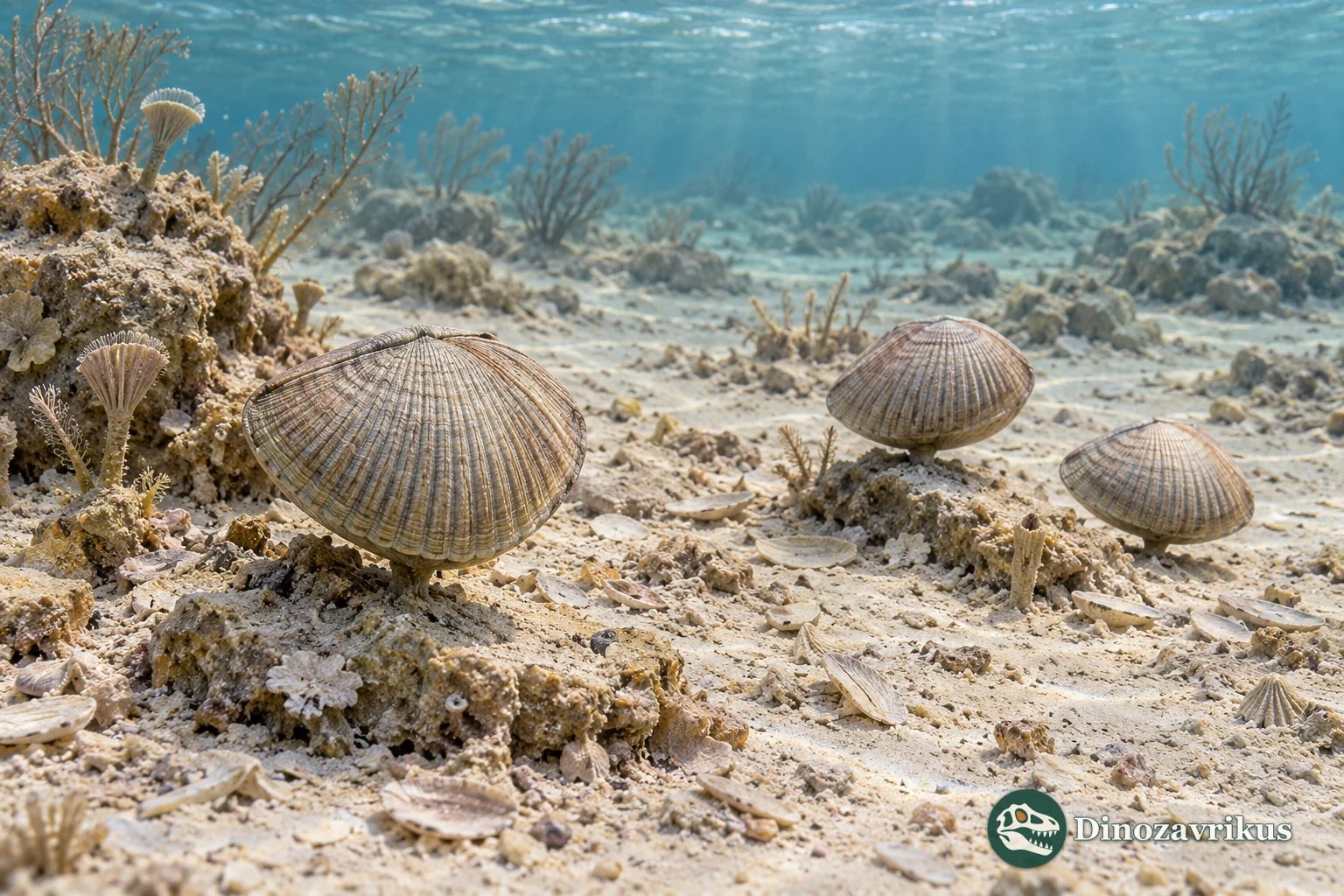 Artistic reconstruction of an Ordovician seabed with attached Paurorthis brachiopods