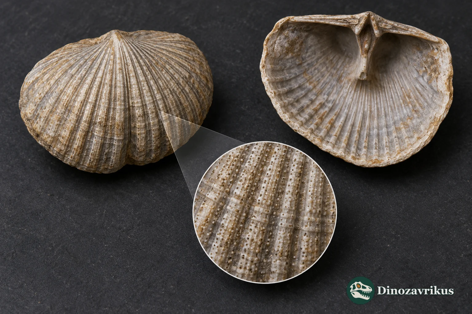 Educational reconstruction of Paurorthis valves and an enlarged punctate shell wall