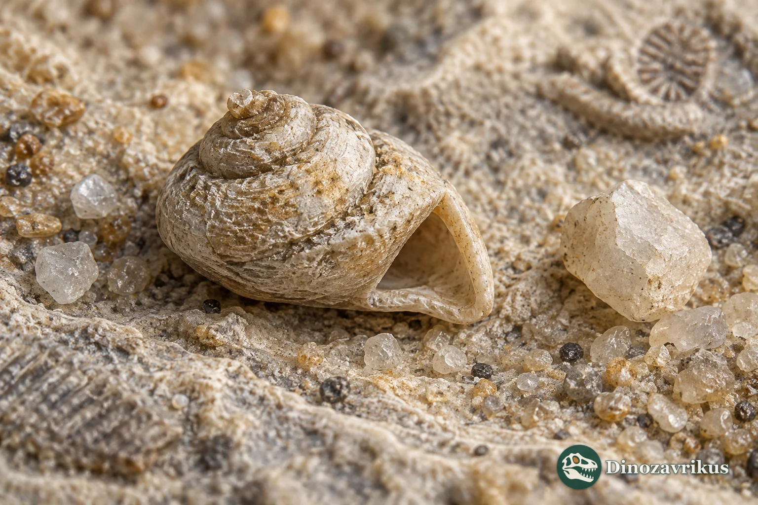 A small asymmetrically coiled Pelagiella shell among Cambrian sediment grains, shown without speculative head or tentacles