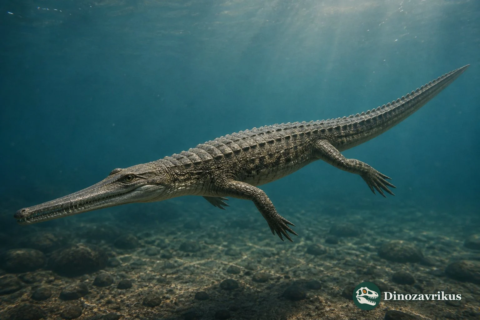 Pelagosaurus reconstructed near a shallow Early Jurassic shore