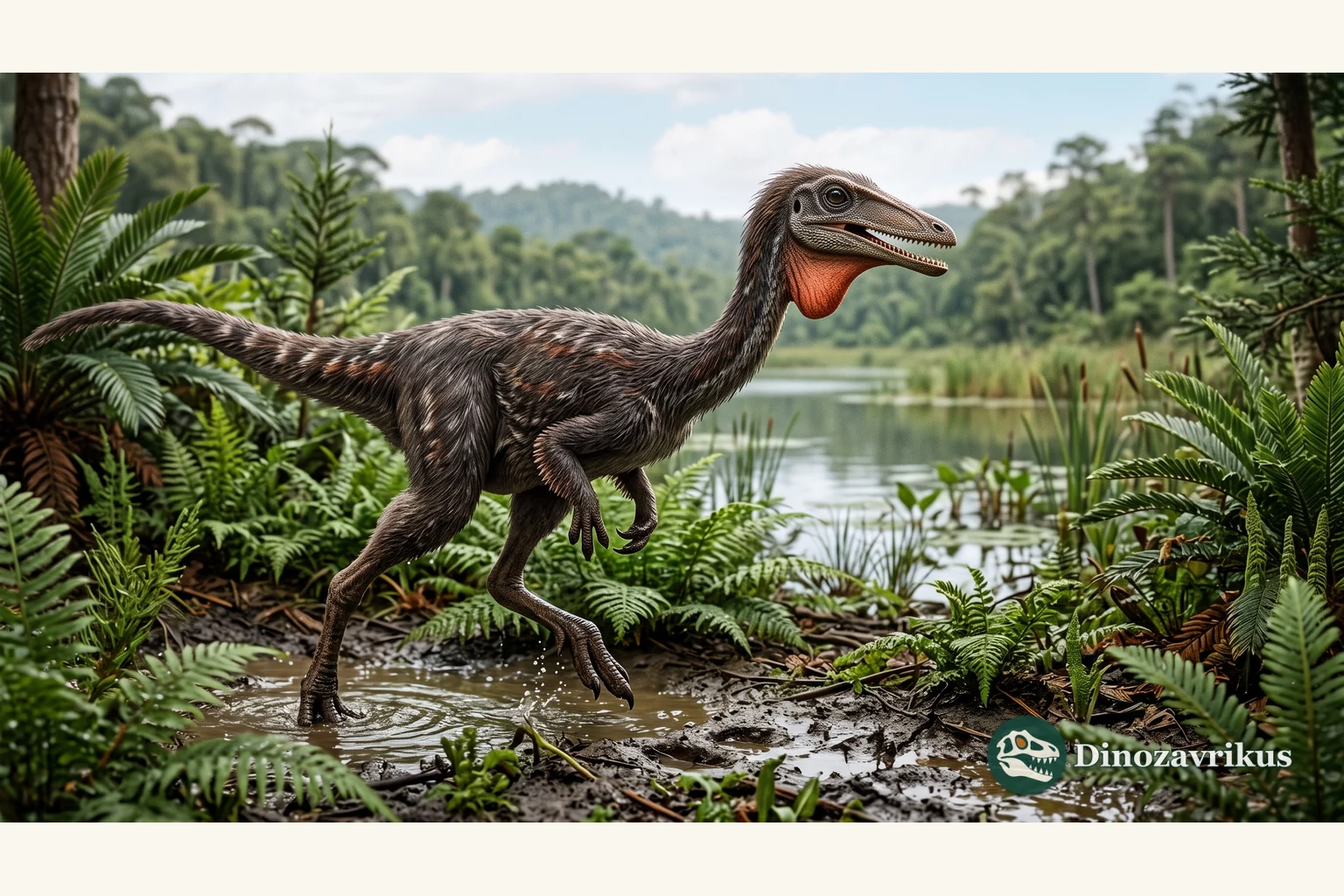 Illustrative reconstruction of Pelecanimimus polyodon beside an Early Cretaceous lake