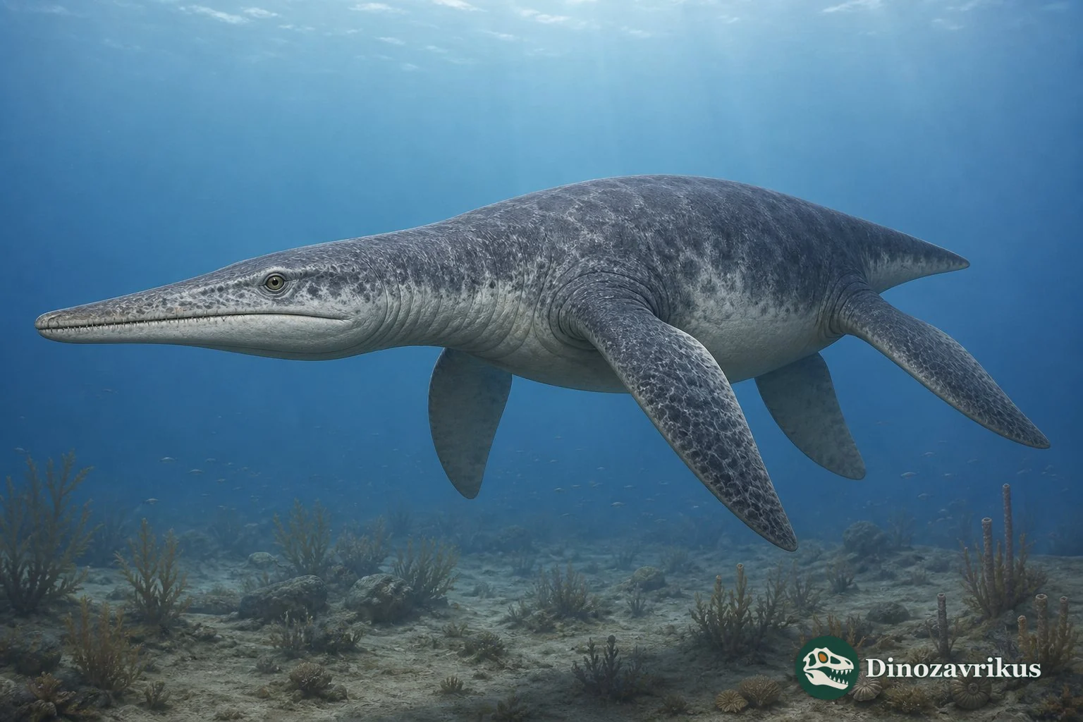 Peloneustes swimming over the Middle Jurassic Oxford Clay seafloor