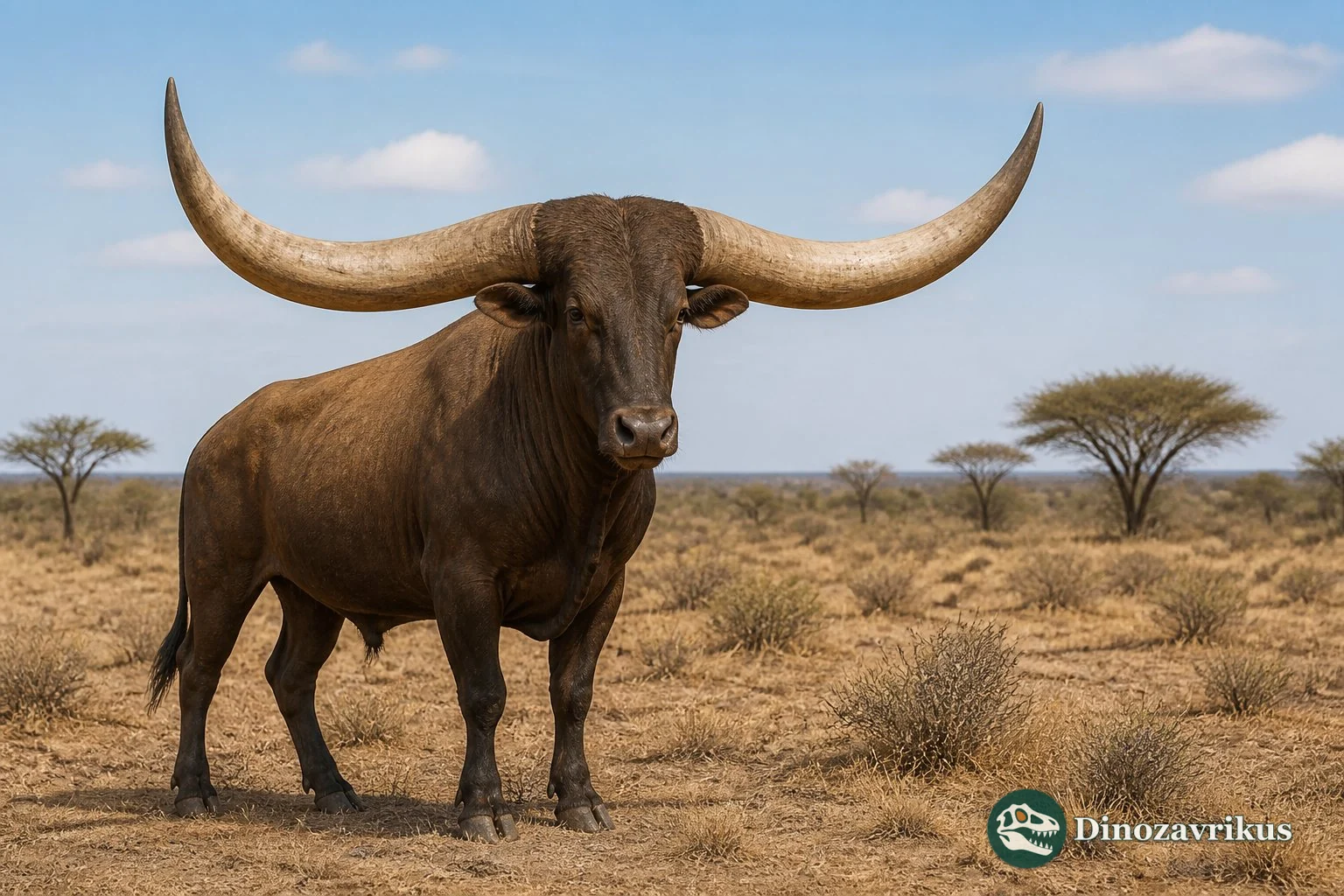 Reconstruction of Pelorovis with enormous spreading horns in an African grassland