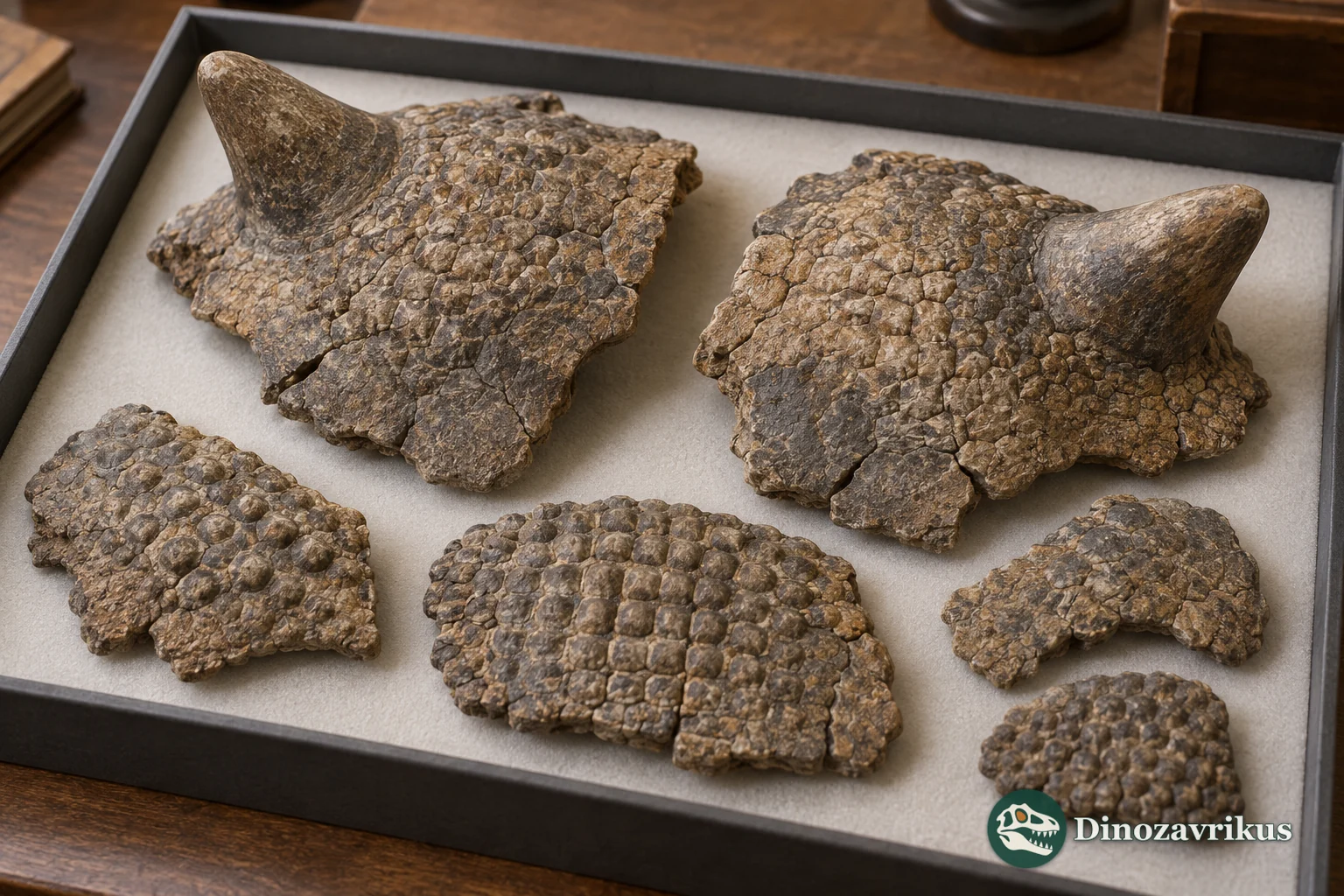 Conceptual museum arrangement of fossil armor plates from a peltephilid