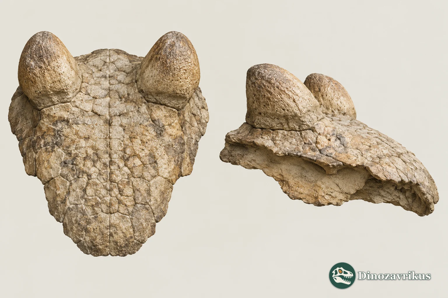 Conceptual anatomical views of a peltephilid head shield from above and in profile