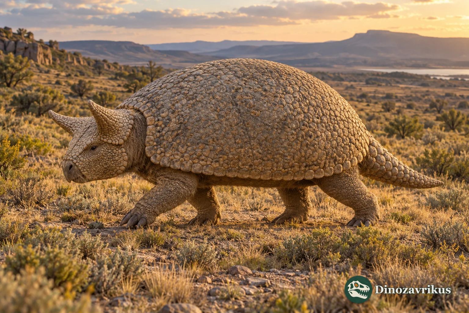 Artistic reconstruction of Peltephilus with an armored body and bony projections on its head shield in a Patagonian landscape