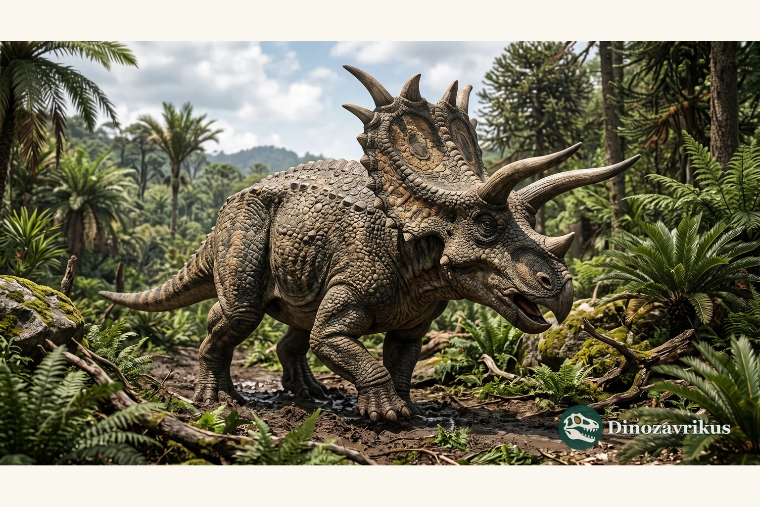 Illustrative reconstruction of Pentaceratops sternbergii in a Late Cretaceous New Mexico landscape