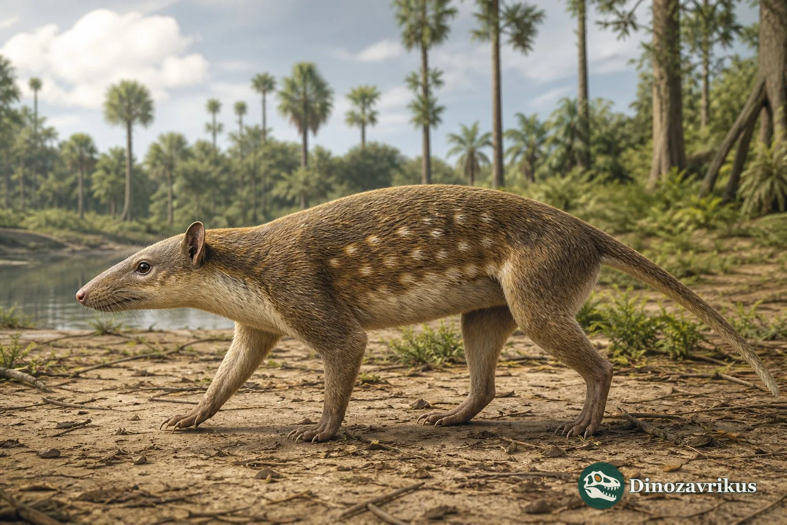 Peradectes moving through the branches of a Paleocene forest