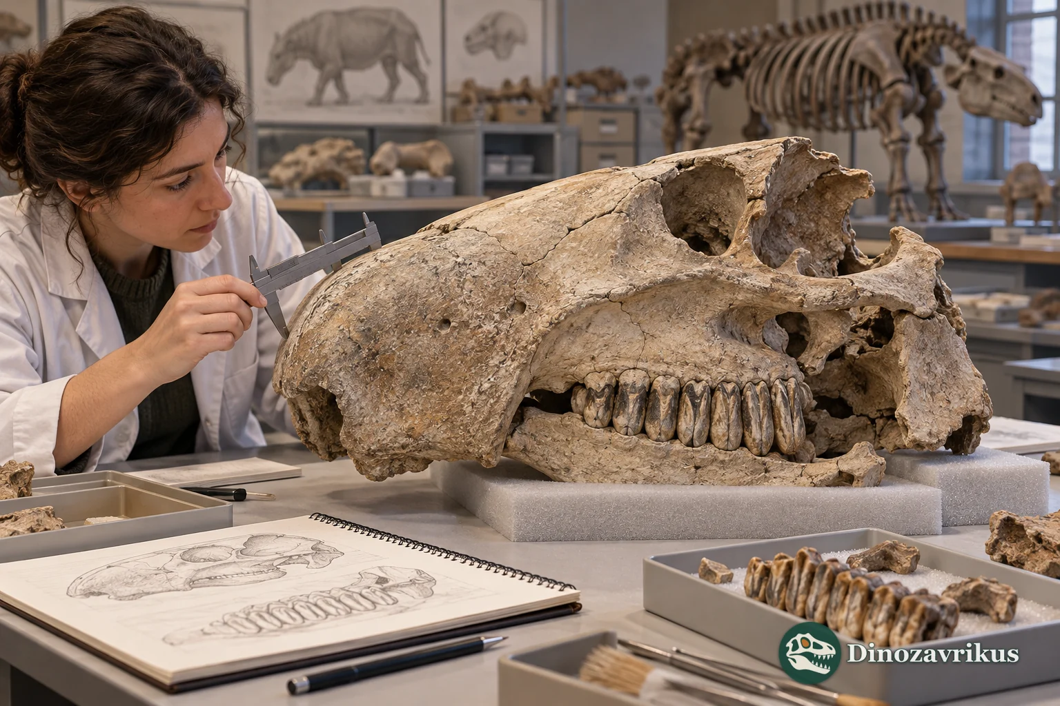 Conceptual museum study scene with an incomplete toxodontid skull