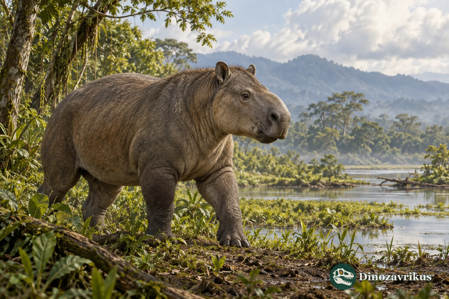 Artistic reconstruction of Pericotoxodon beside a forested river in Miocene Colombia