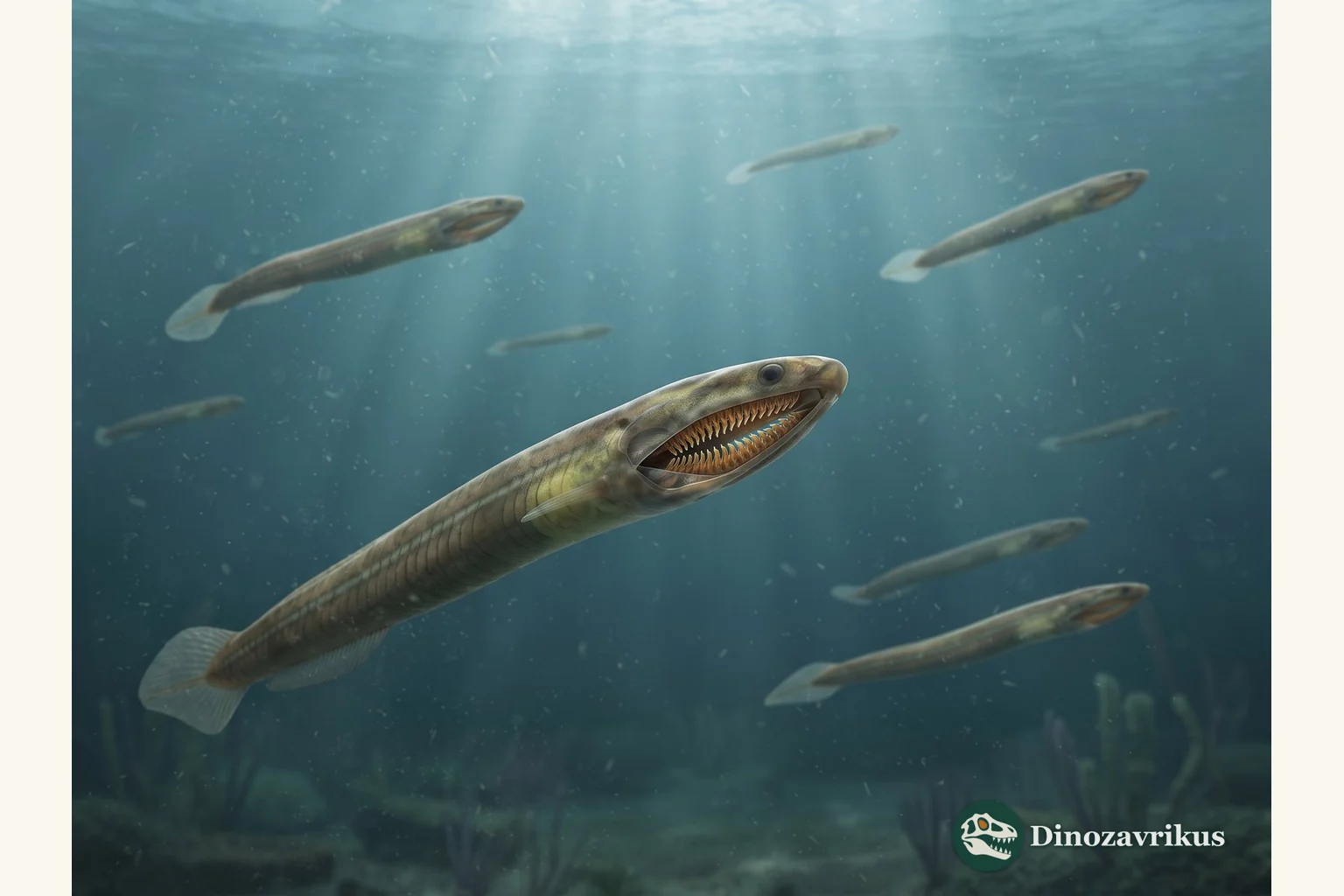 Reconstruction of a small conodont animal swimming in an Ordovician sea, with its soft body shown as an interpretation